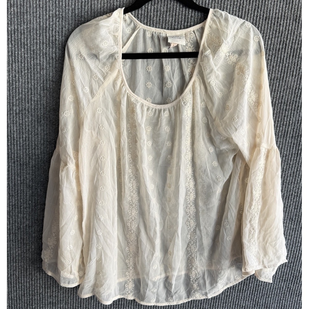 Knox Rose Womens L Blouse Eggshell Fairy Sheer Romantic Bell Sleeve Flowy Floral